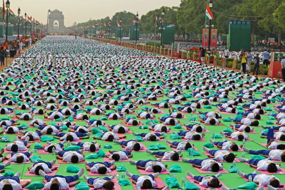 Tens of thousands of people packed Rajpath in New Delhi, India, for a mass yoga session on Sunday, June 21, 2015. The country's Prime Minister Narendra Modi is a vocal advocate of yoga and has been encouraging the country's residents to take part, especially out-of-shape office workers.