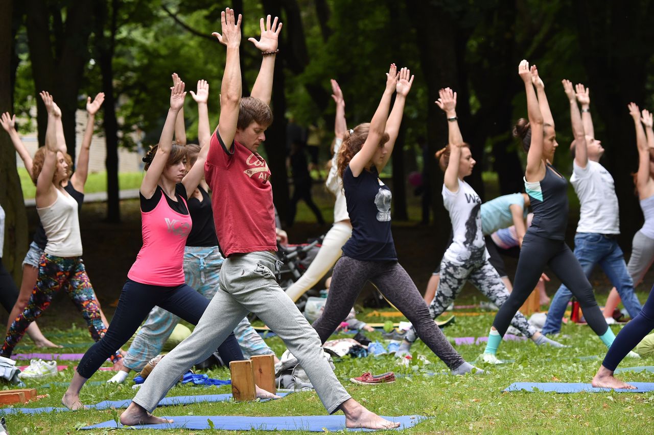 A mass yoga session is held in Minsk, Belarus.