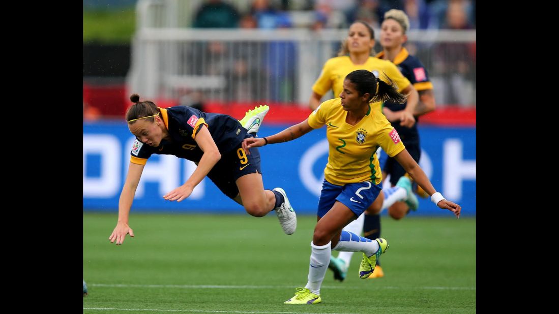 Fabiana of Brazil was given a yellow card after tripping Caitlin Foord.