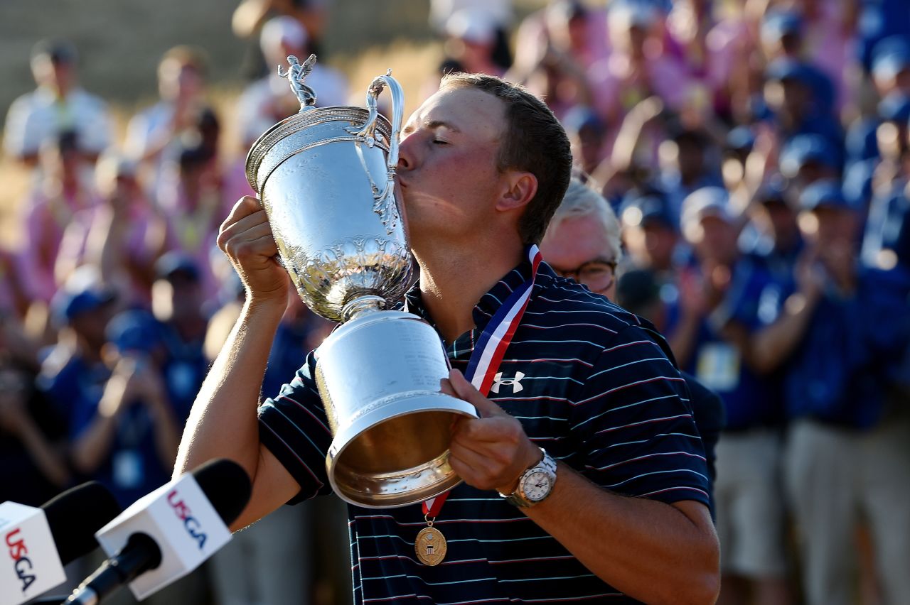 Spieth kisses the US Open trophy in 2015 - his last major title. The 23-year-old will look to add a third at the British Open at Royal Birkdale which starts on July 20.  