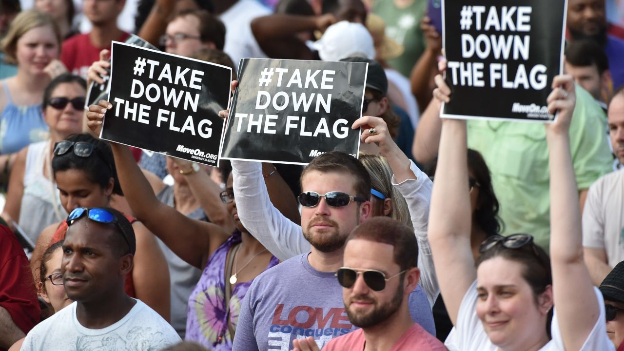 Hundreds of people gather for a protest rally against the Confederate flag in Columbia, South Carolina on June 20, 2015.