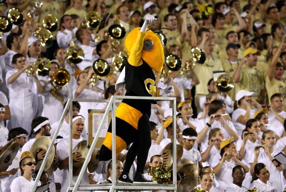 Meet Buzz, the mascot for the Georgia Tech Yellow Jackets. Who wouldn't be cheered by the sight of a six-foot wasp?