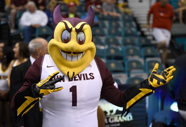 From wildcats to Sun Devils. This is Sparky, symbol of Arizona State University and rival to Wilbur. Arizona seemingly specializes in maniacal mascots. 
