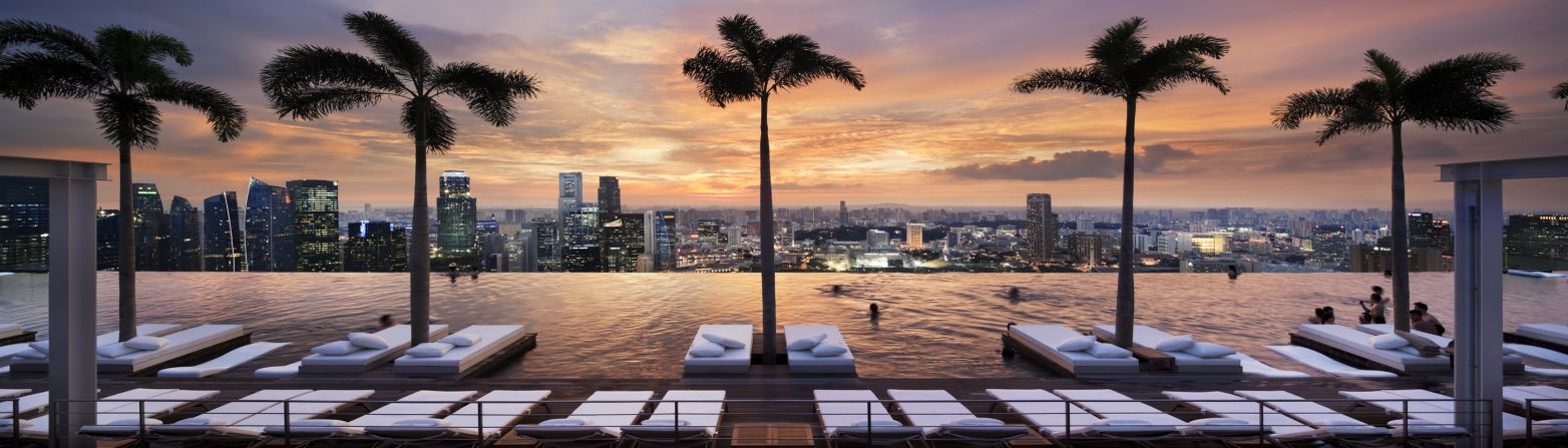 The Marina Bay Sands hotel in Singapore features an infinity pool at its rooftop.