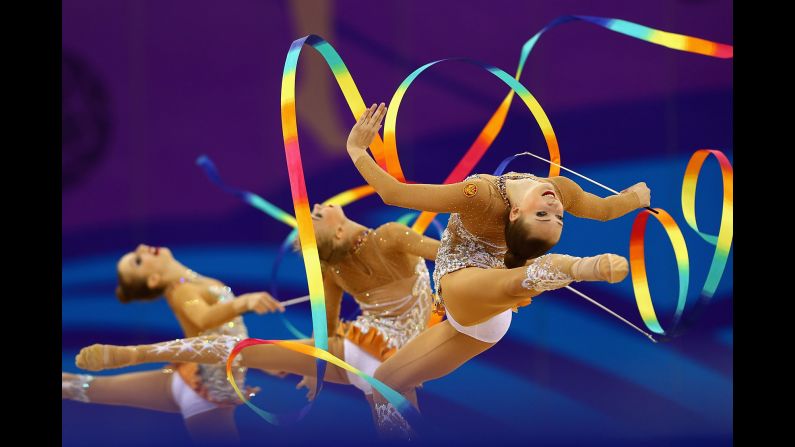 Team Russian Federation competes in the gymnastics rhythmic group all-round final during day five of the Baku 2015 European Games on Wednesday, June 17.