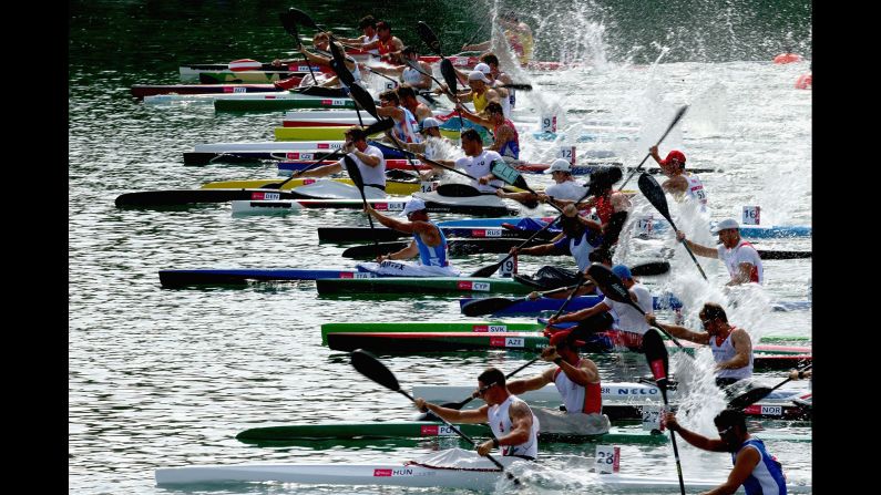 Kayakers compete in the kayak single 5000-meter men's race during the Baku 2015 European Games on Tuesday, June 16.