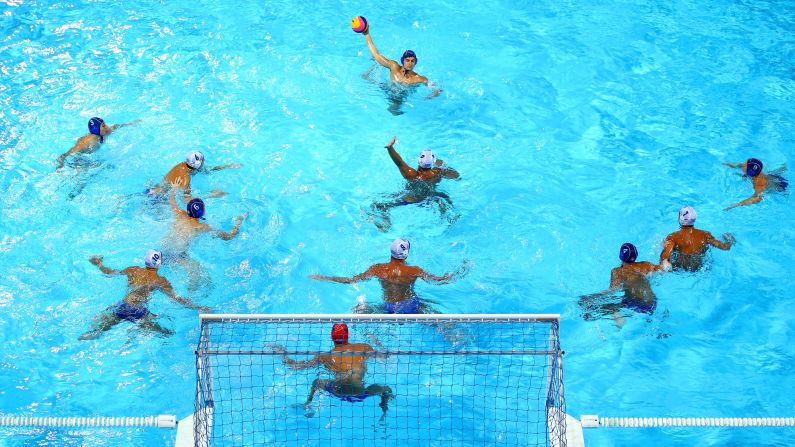 Serbia attacks Greece's goal during the men's water polo semi final match on day seven of the Baku 2015 European Games on Friday, June 19.
