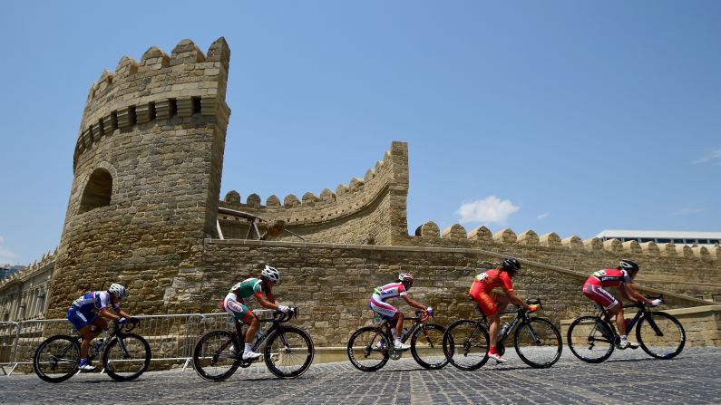 Riders climb through the Old Town at Freedom Square during the women's road race on day eight of the Baku 2015 European Games on Saturday, June 20.