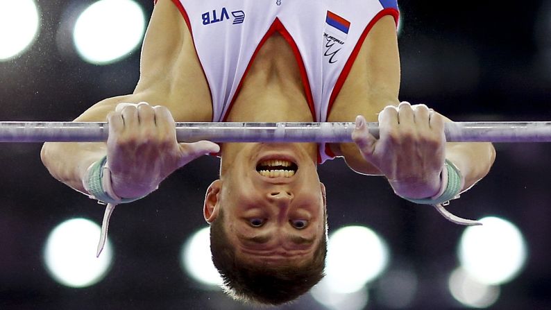 Nikita Ignatyev of Russia performs during the men's gymnastics horizontal bar final at the Baku 2015 European Games on Saturday, June 20.