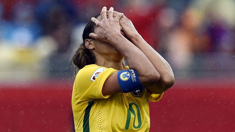 Brazil's midfielder Marta reacts to her team's loss to Australia in their 2015 FIFA Women's World Cup round of 16 match at Moncton Stadium in New Brunswick, Canada, on Sunday, June 21. Australia advanced to the semifinals with a 1-0 win.