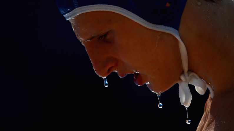 Water drips off the face of Italian player Mario Guidi during a men's water polo classification match against Hungary during day seven of the Baku 2015 European Games on Friday, June 19.