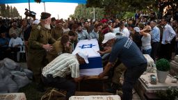 The casket carrying the body of Israeli soldier Jordan Bensimon is carried to the burial site during his funeral on July 22, 2014 in Ashkelon, Israel.
