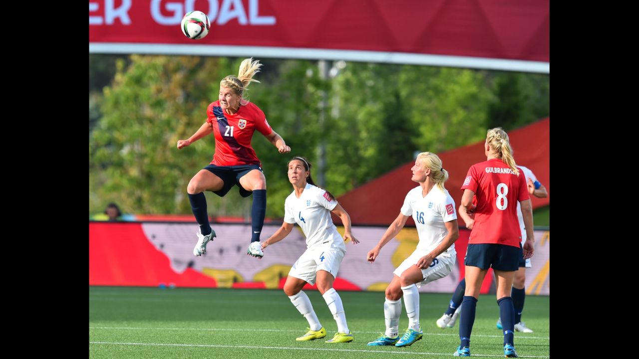 Norway's Ada Hegerberg heads the ball during a round-of-16 match against England on June 22. England trailed 1-0 but came back to win 2-1 in Ottawa.