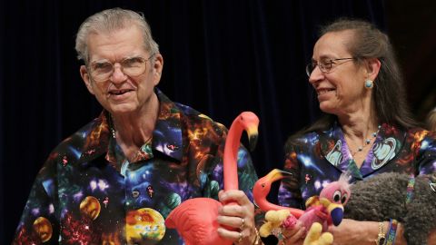 Pink flamingo creator Donald Featherstone, with wife Nancy, was honored as a past recipient at the 2012 Ig Nobel Prize ceremony at Harvard University.