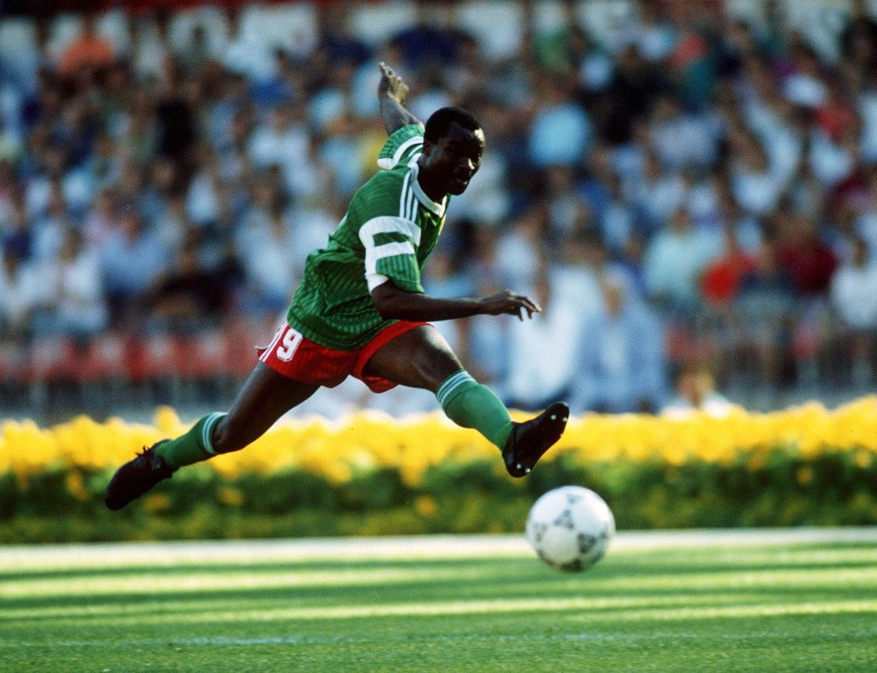 Milla in action at Italia 90 -- a new global football star at the age of 38.
