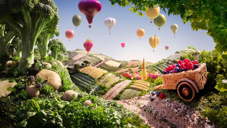 Warner says his "foodscapes" begin as a sketch. From there, he decides which ingredients will be used. A food stylist and model maker then help build the scene. It can take several days and the scenes are sometimes shot in layers in order to work quickly with fresh produce, he says.