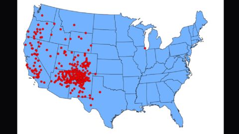 A map shows reported cases of human plague in the United States from 1970 to 2012.