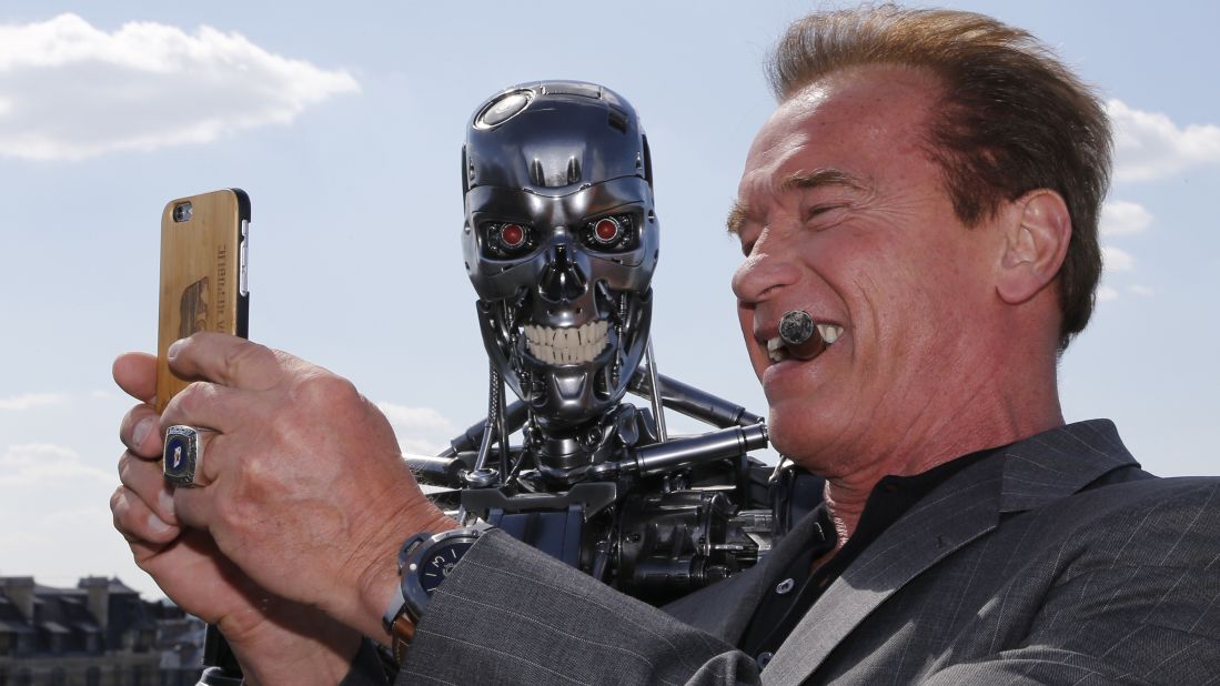 Actor Arnold Schwarzenegger takes a selfie with a "Terminator" robot while he was in Paris promoting the franchise's latest movie on Friday, June 19. <a href="http://www.cnn.com/2015/06/25/living/gallery/tbt-arnold-schwarzenegger/index.html" target="_blank">#tbt: See Schwarzenegger before he was the "Terminator"</a>