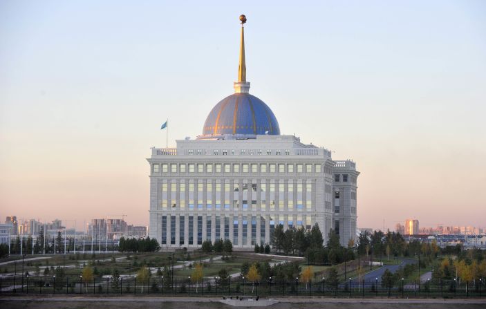 The Ak Orda -- or "White Horde" -- Presidential Palace was built in 2004 out of solid concrete and is lined with Italian marble.<br />It features five levels above ground and five levels below ground. <br />