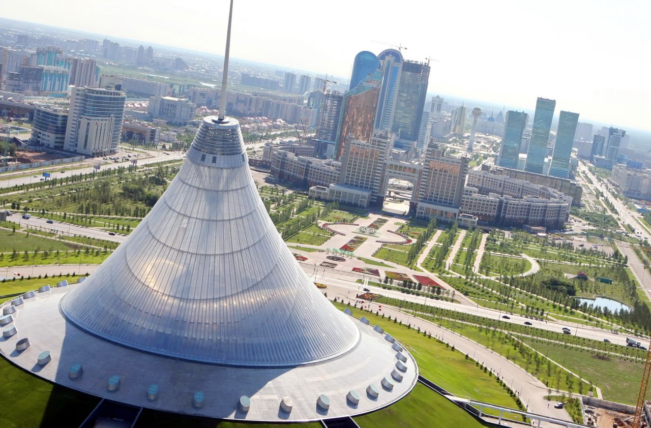 An aerial view of Astana shows some of its ambitious architectural structures.