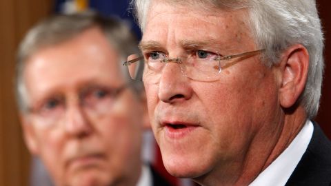 U.S. Sen. Roger Wicker (R-MS) (R) speaks as Senate Minority Leader Sen. Mitch McConnell (R-KY) (L) listens during a news conference on Capitol Hill January 12, 2010 in Washington, D.C.