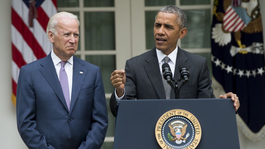 U.S. President Barack Obama speaks alongside US Vice President Joe Biden about the Supreme Court's ruling to uphold the subsidies that comprise the Affordable Care Act, known as Obamacare, in the Rose Garden of the White House in Washington, D.C., June 25, 2015.