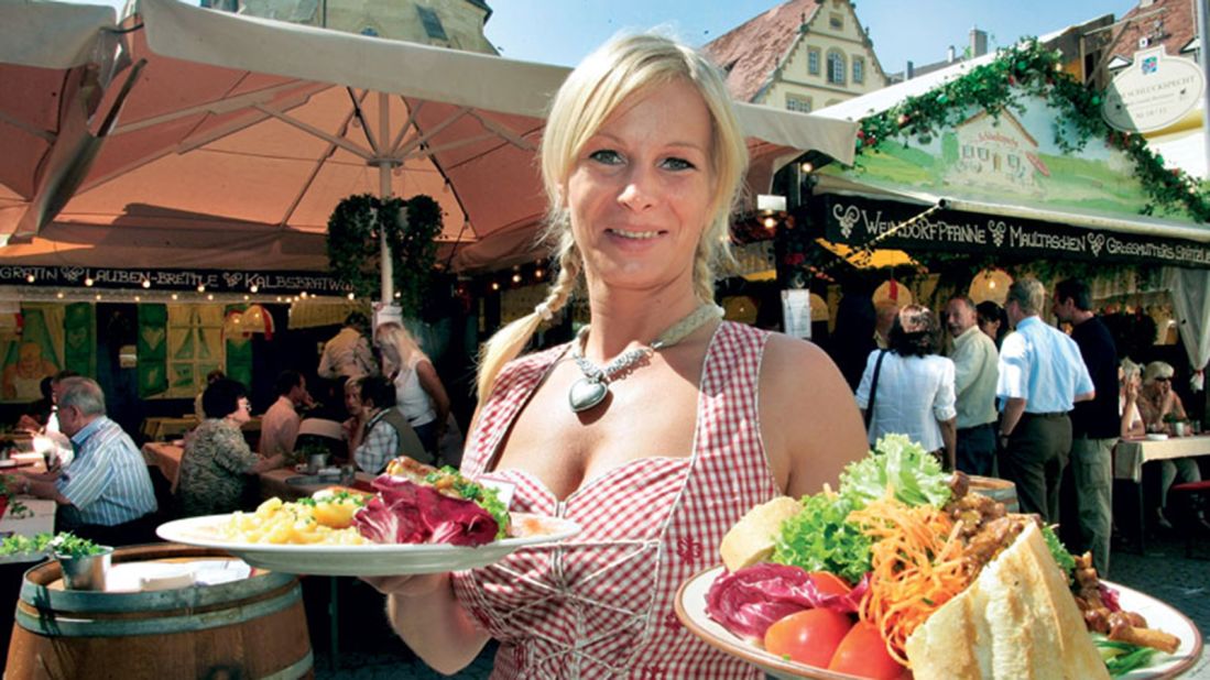 Stuttgarter Weindorf has 28 open-air restaurants serving more than 500 wines. Fresh pretzels and chocolates are also available. August 26 -September 6, 2015.