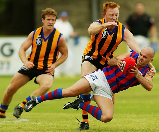In 2002, Australian rules player Peter Filandia was suspended for 10 matches after pleading guilty to biting an opponent's testicles. The incident occurred as Filandia's Port Melbourne played Springvale in the Victorian Football League. The victim suffered a perforated scrotum, with Filandia telling a tribunal that he bit as a reflex action after becoming trapped in a melee.