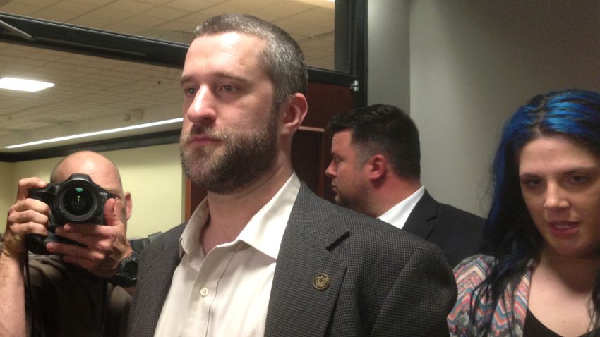 FILE - In this May 29, 2015, file photo, television actor Dustin Diamond, center, leaves court in Port Washington, Wisc., after being convicted of two misdemeanors stemming from a barroom fight on Christmas Day 2014. Diamond, who played Screech on the 1990s TV show "Saved by the Bell," apologized Thursday, June 25, 2015 for his part in a barroom stabbing before being sentenced to serve 4 months in jail. (AP Photo/Dana Ferguson/AP/File, File)