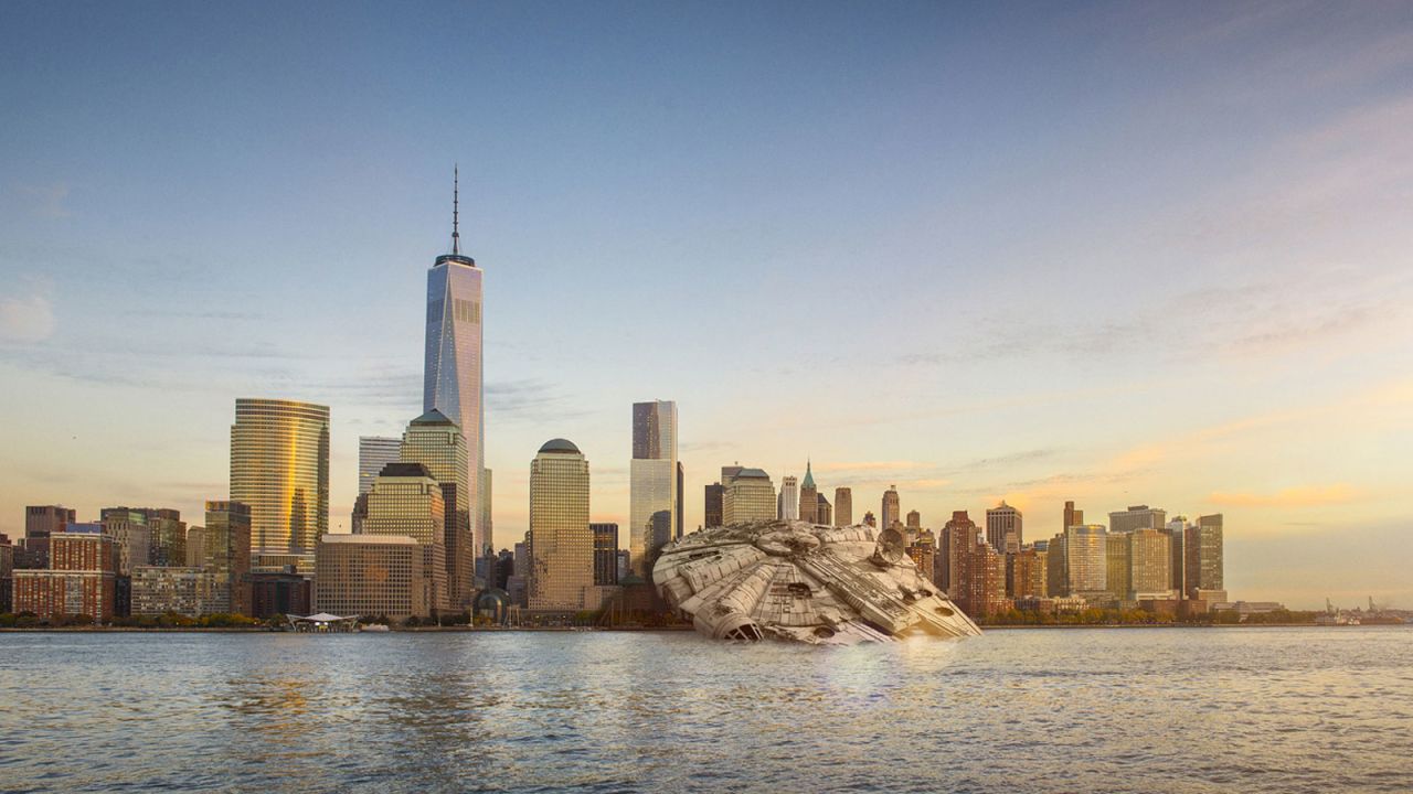 She's the fastest hunk of junk in the galaxy. Except when she's nose down in the Hudson River. French graphic artist Nicolas Amiard has created a series of images blending "Star Wars" spacecraft into popular cityscapes.
