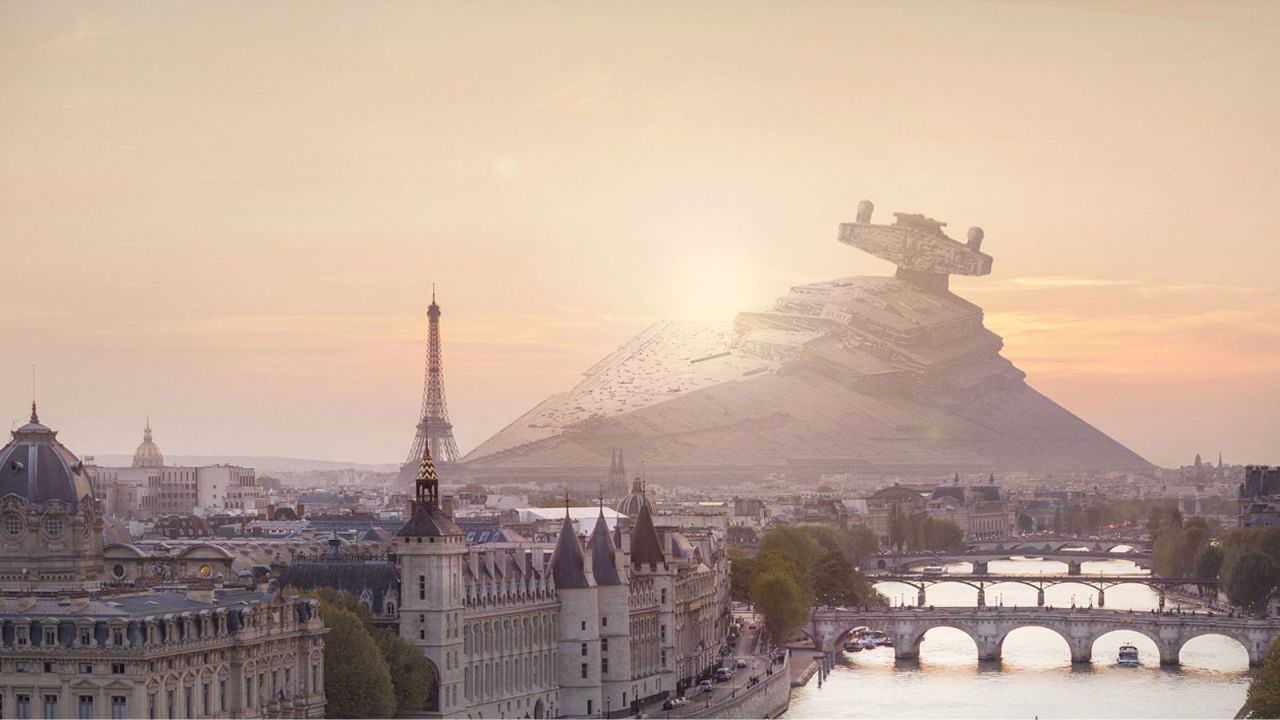 City of Lights, or City of Lightsabers? This image shows an Imperial battleship downed over Amiard's home city, Paris. 