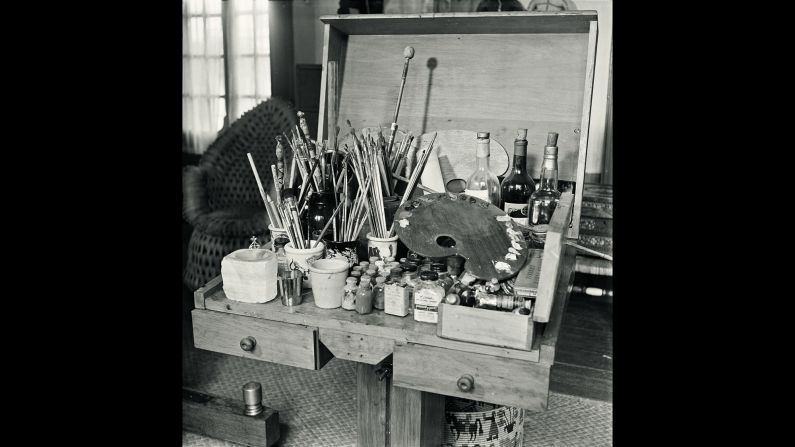 Kahlo's paint box in 1951. The artist developed her own recipes for creating special colors. In 1950, photographer Gisele Freund embarked on what was to have been a two-week trip to Mexico. She ended up staying for two years after Kahlo and her husband, artist Diego Rivera, befriended her. Kahlo allowed the photographer unprecedented access to her creative process.