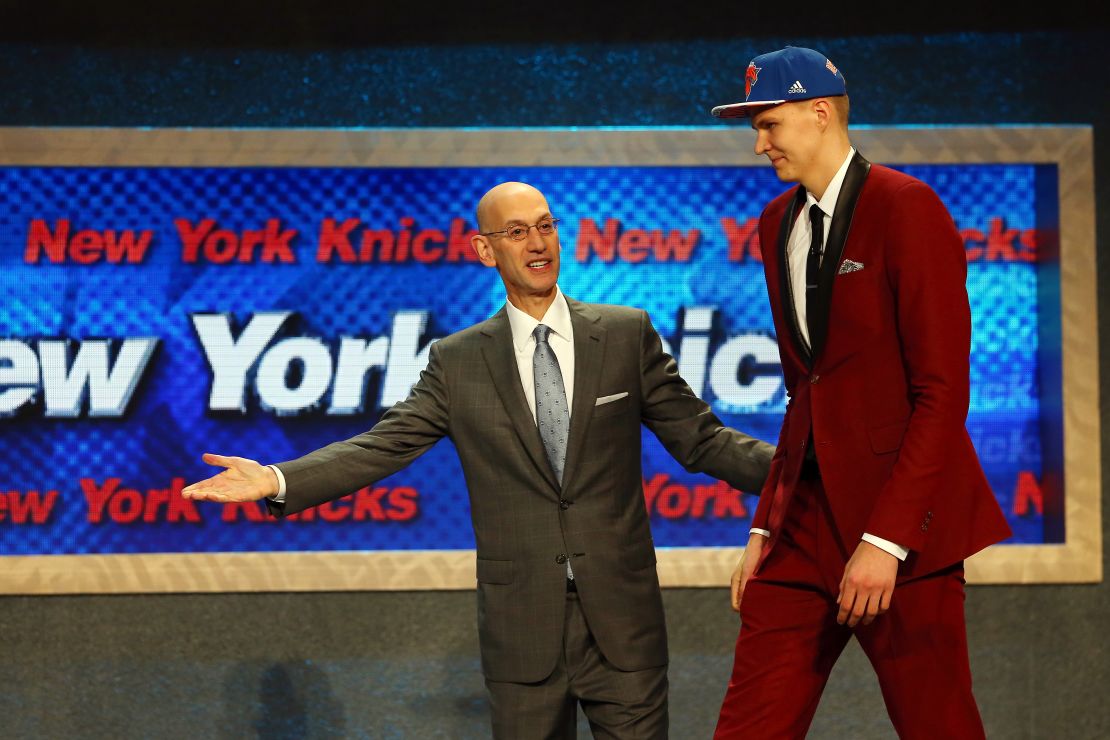 Kristaps Porzingis meets with Commissioner Adam Silver after being selected fourth overall by the New York Knicks in the First Round of the 2015 NBA Draft.