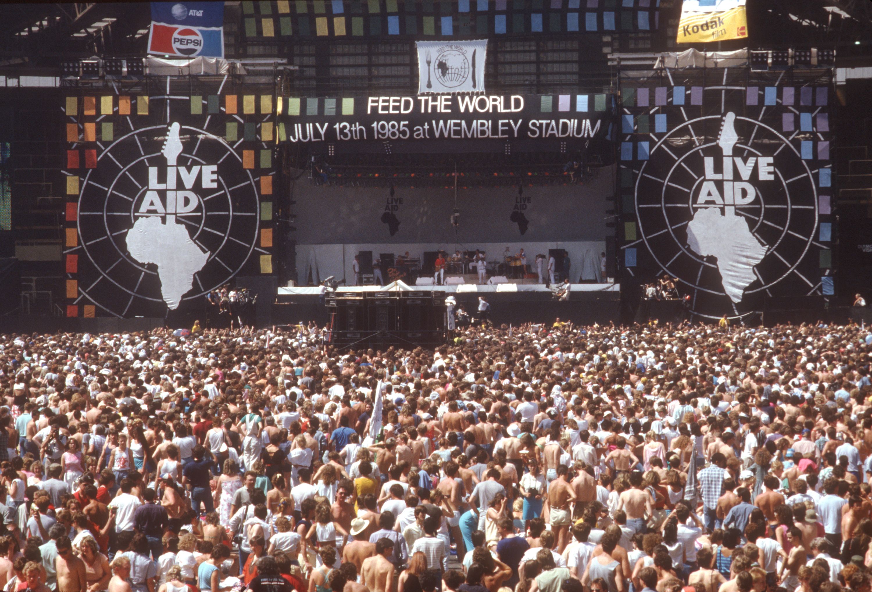 Wembley Stadium packed full of music fans for Live Aid 1985.
