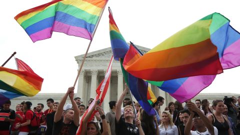 Same-sex marriage supporters celebrate outside the US Supreme Court after a ruling legalizing same-sex marriage.