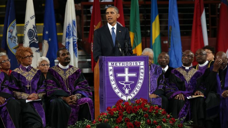 President Barack Obama delivers the eulogy for South Carolina state Sen. Clementa Pinckney on Friday, June 26. Pinckney was a pastor at the Charleston, South Carolina, church where <a  target="_blank">he and eight other people were fatally shot</a> on June 17. Pinckney was 41 years old. "We are here today to remember a man of God who lived by faith," Obama said. "A man who believed in things not seen. A man who believed there were better days ahead, off in the distance. A man of service who persevered knowing full well he would not receive all those things he was promised, because he believed his efforts would provide a better life for those who followed."
