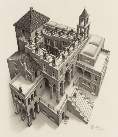 "The inhabitants of these living-quarters would appear to be monks, adherents of some unknown sect. Perhaps it is their ritual duty to climb those stairs for a few hours each day," explained Escher of this entrancing image.<br /><br />"It would seem that when they get tired they are allowed to turn about and go downstairs instead of up. Yet both directions, though not without meaning, are equally useless."<br /><br />Despite the success of his work -- Escher featured in "Time" and "Life" magazine in the 1950s -- the artist himself remained something of an enigma, preferring to craft these impossible worlds in peace and quiet.<br /><br />He died in 1972 at the age of 73.
