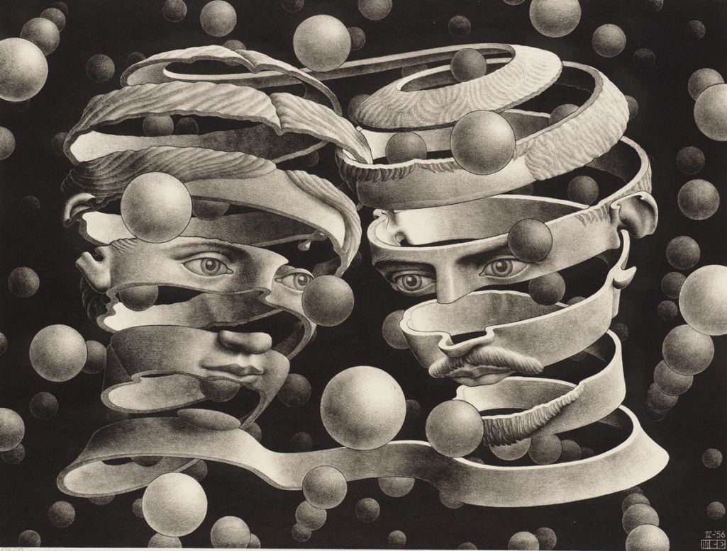 That's not to say Escher's carefully constructed work wasn't without its own romance.<br />According to curators, this image features the artist and his wife and was partially inspired by a dream about H.G. Wells' 1897 novel, "The Invisible Man," in which the protagonist can only be seen after being wrapped in bandages.<br />