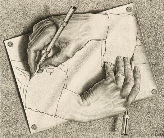 Much like the riddle of the chicken and the egg, it's hard to know what came first in this picture -- the left hand or the right.<br /><br />Escher himself was left-handed -- not that it brings us any closer to deciphering this intriguing illustration. 