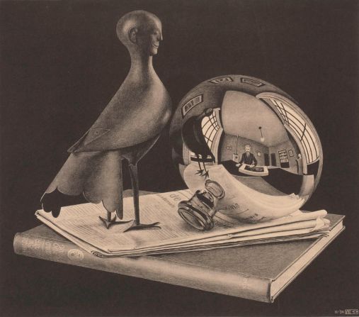 Escher was fascinated by reflective surfaces, whether they be water, glass, polished spheres, an eye or a dew drop," explained Elliott.<br /><br />"The sculpture on the left is an iron 'man-bird', the simurgh, probably of Persian origin, which was given to Escher by his father-in-law as a wedding present; in legend, the simurgh bestowed fertility."