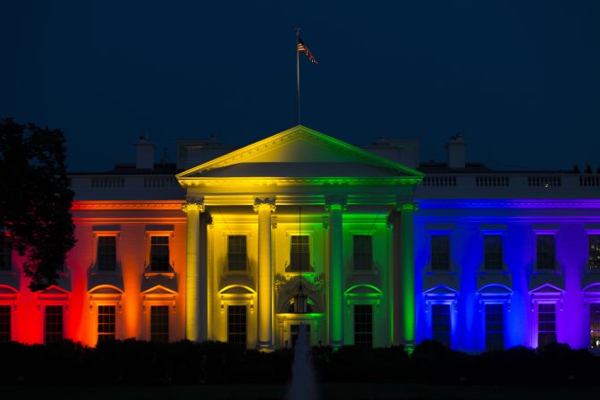 The White House is lit up in rainbow colors in commemoration of the Supreme Court's ruling to legalize same-sex marriage on Friday, June 26. The court <a href="index.php?page=&url=http%3A%2F%2Fwww.cnn.com%2F2015%2F06%2F26%2Fpolitics%2Fsupreme-court-same-sex-marriage-ruling%2Findex.html" target="_blank">ruled that states cannot ban same-sex marriage</a>, handing gay rights advocates their biggest victory yet.