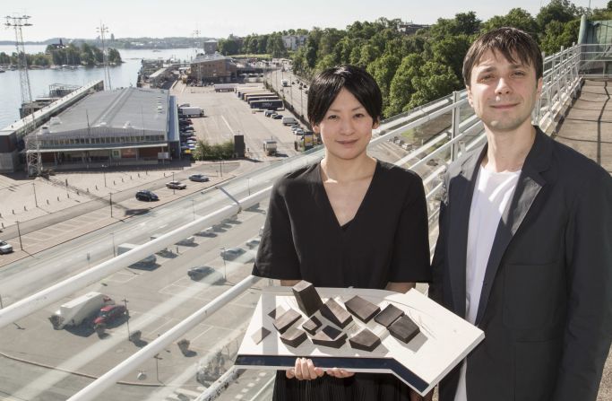Hiroko Kusunoki and Nicolas Moreau display their winning design at the future Guggenhaim site.<br />The young designers are a change of tack for the Guggenheim brand, which had previously been built on the hand-selection of celebrity architects. 