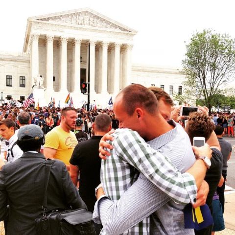 Alex Orton hugs boyfriend Rob Snyder after hearing the Supreme Court ruling. "What an amazing day for the United States and for LGBT people across the nation," he said. 