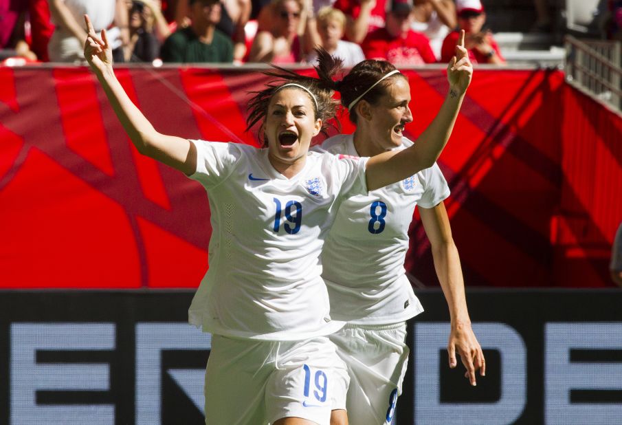 England's Jodie Taylor, left, celebrates her goal against Canada with teammate Jill Scott.