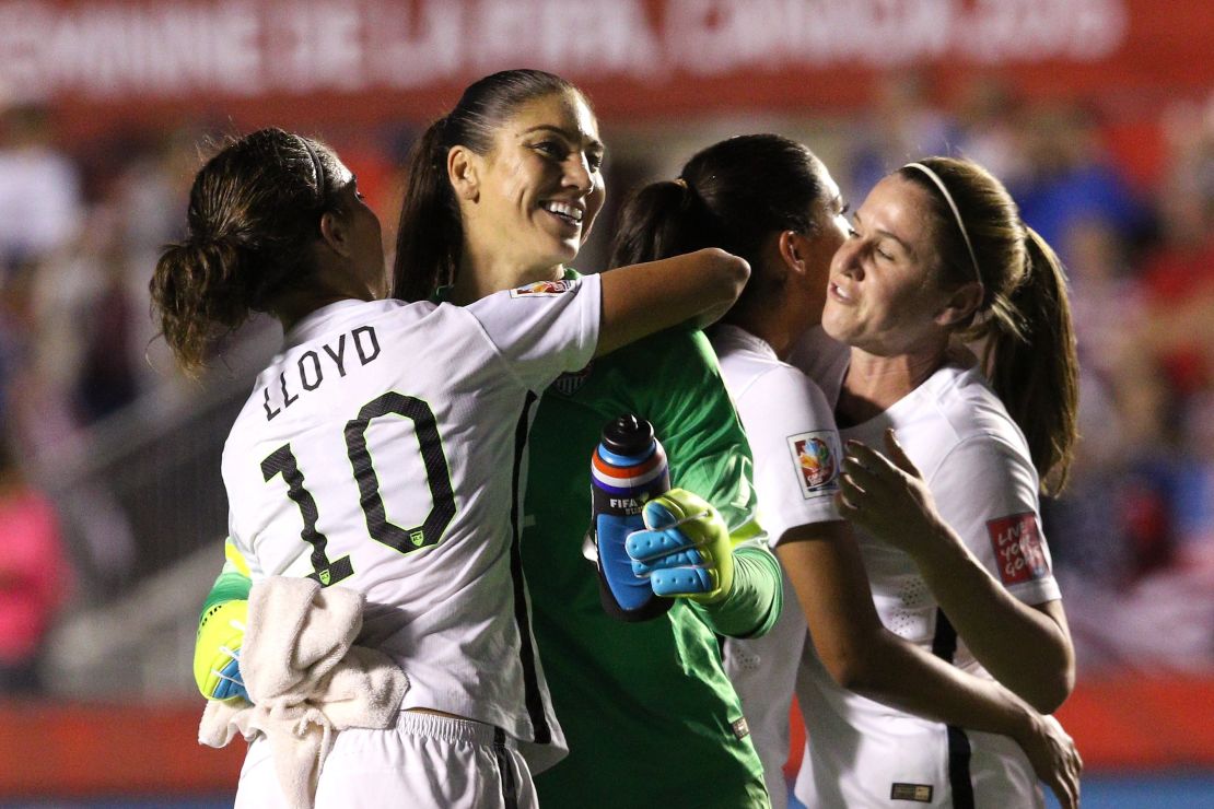  Hope Solo celebrates with Carli Lloyd after defeating China 1-0 in the FIFA Women's World Cup 2015 Quarter Final match in June 2015.