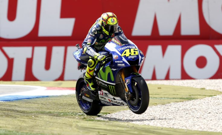The Italian rides his Yamaha across the gravel following the race -- echoing the final chicane of the last lap, where he had to cut the corner when his bike touched that of Marc Marquez.