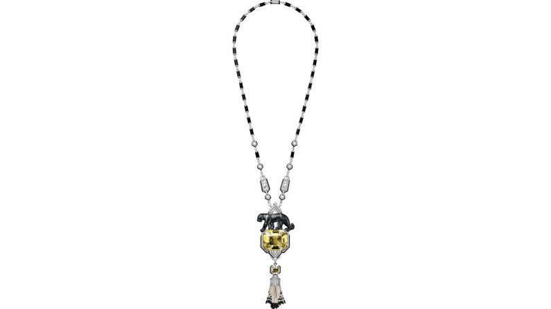 A panther necklace of platinum, diamonds, fine pearls, sapphires, black jade, onyx, and yellow beryl.