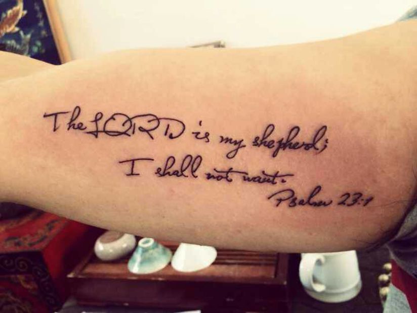 An example of Da Hua's work depicting a quote from the Bible. "The Lord is my shepherd; I shall not want." Psalm 23:1. 