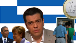 Collage of world leaders involved with Greek debt crisis and accompanying images