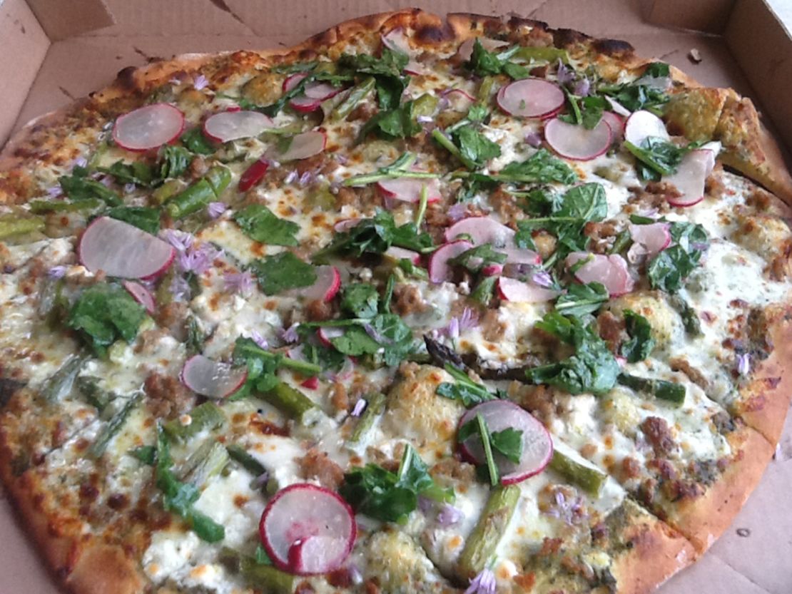 Suncrest Gardens' Spring Fling pizza is a combination of arugula, asparagus, sliced radishes and pesto.